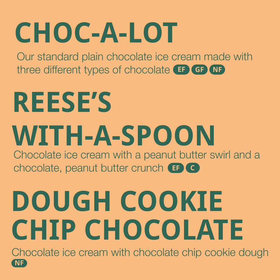 Flavors listed: 
-Choc-a-LOT- our standard plain chocolate ice cream made with three different types of chocolate (contains dairy)
-Reese's With-a-Spoon- chocolate ice cream with a peanut butter swirl and a chocolate, peanut butter crunch (contains g