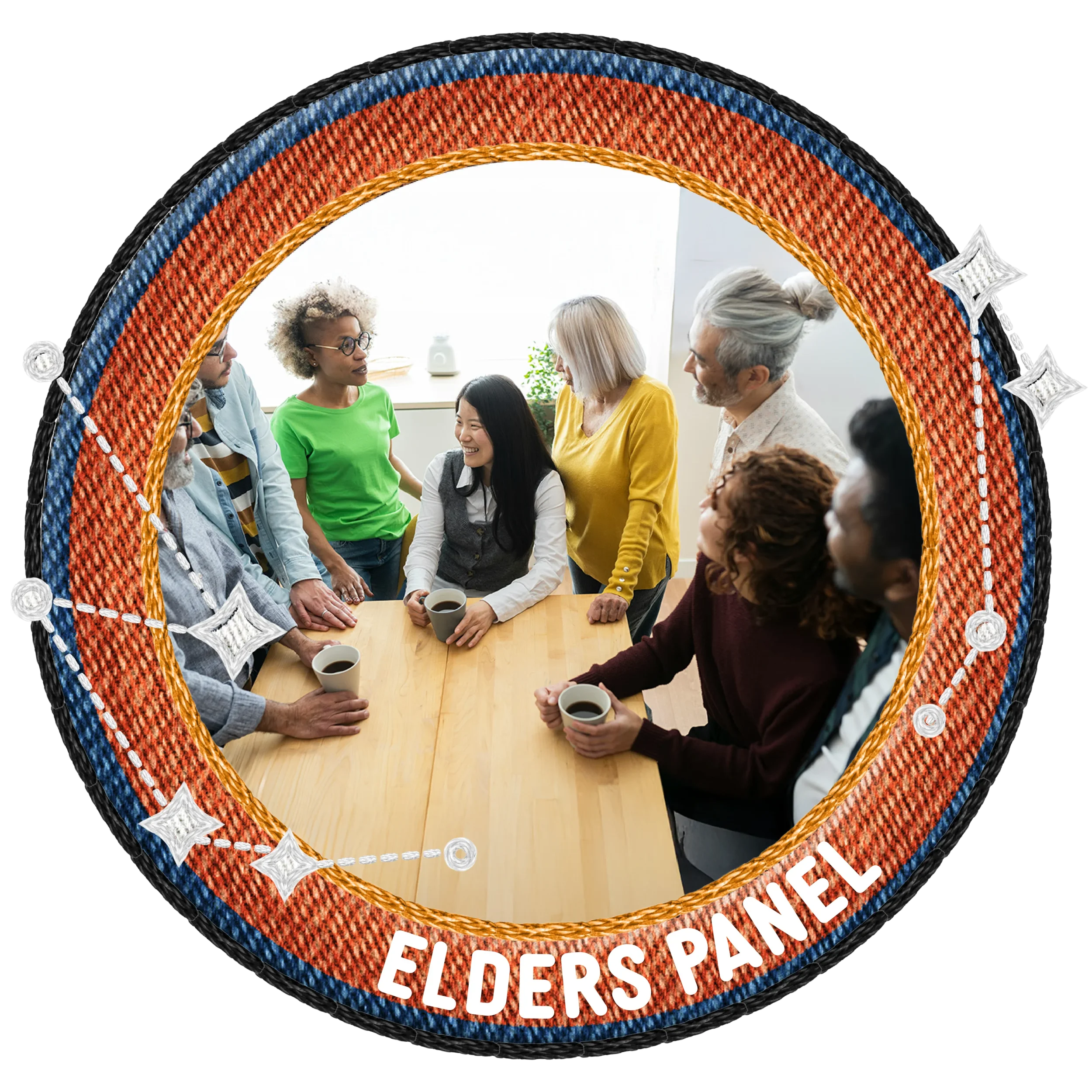 A group of elders gathered with younger people sharing life's wisdom