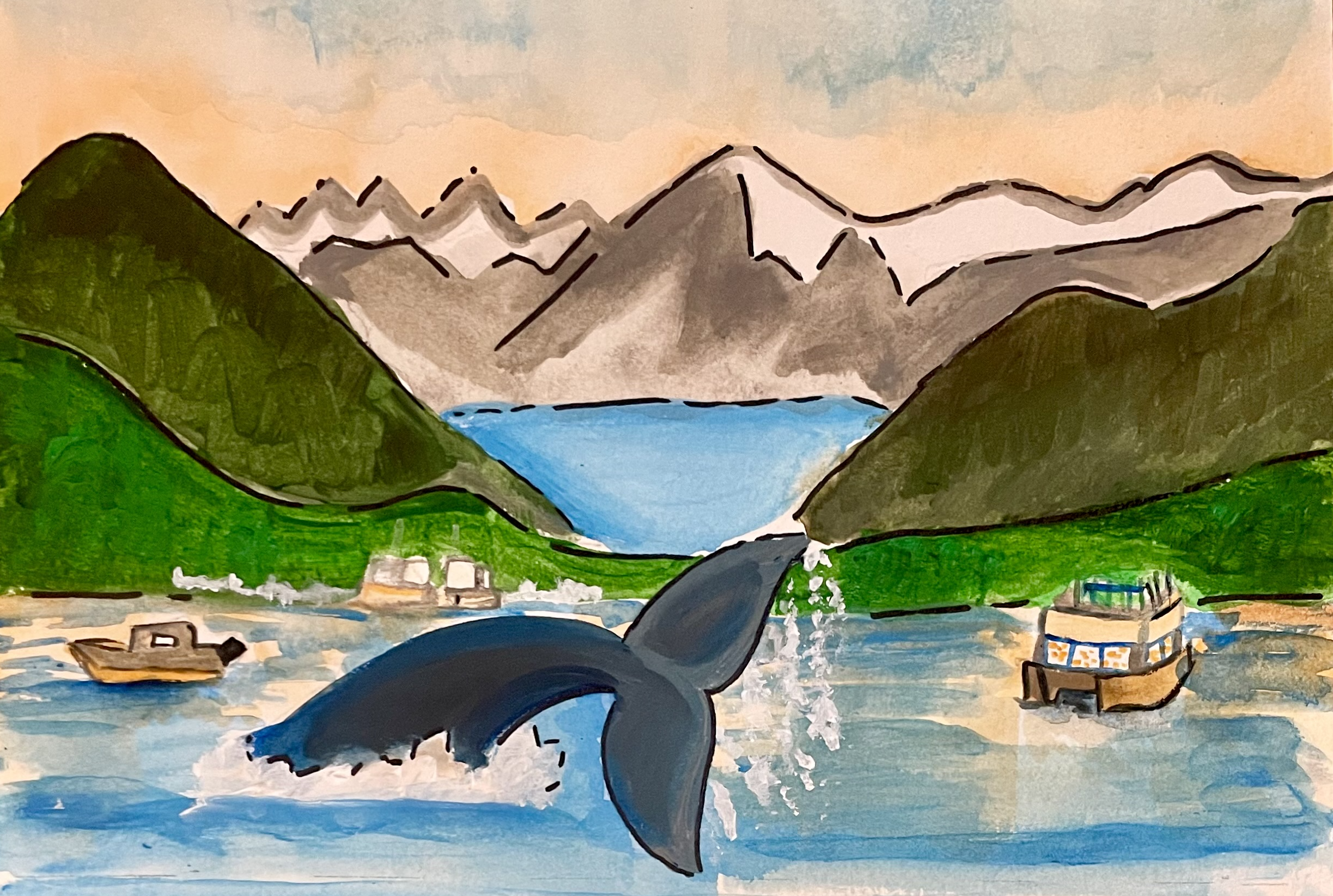 "Juneau whale watch", acrylic on watercolor paper