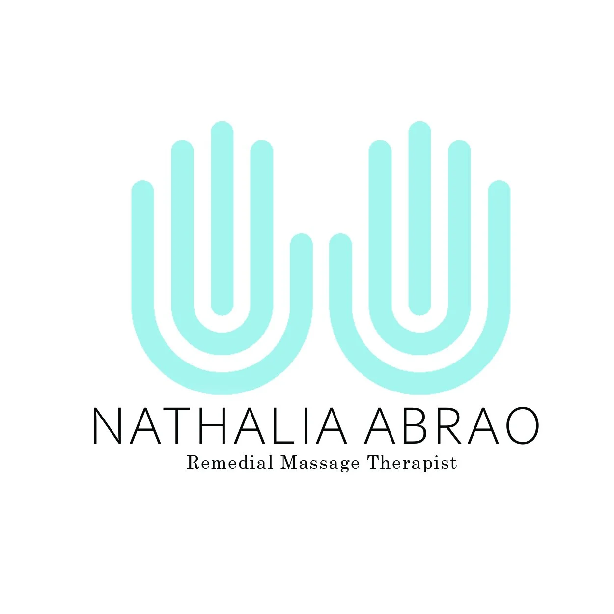 Logo featuring two stylized, light blue hands with palms facing up, above the name 'Nathalia Abrao' and the title 'Remedial Massage Therapist' in black text.