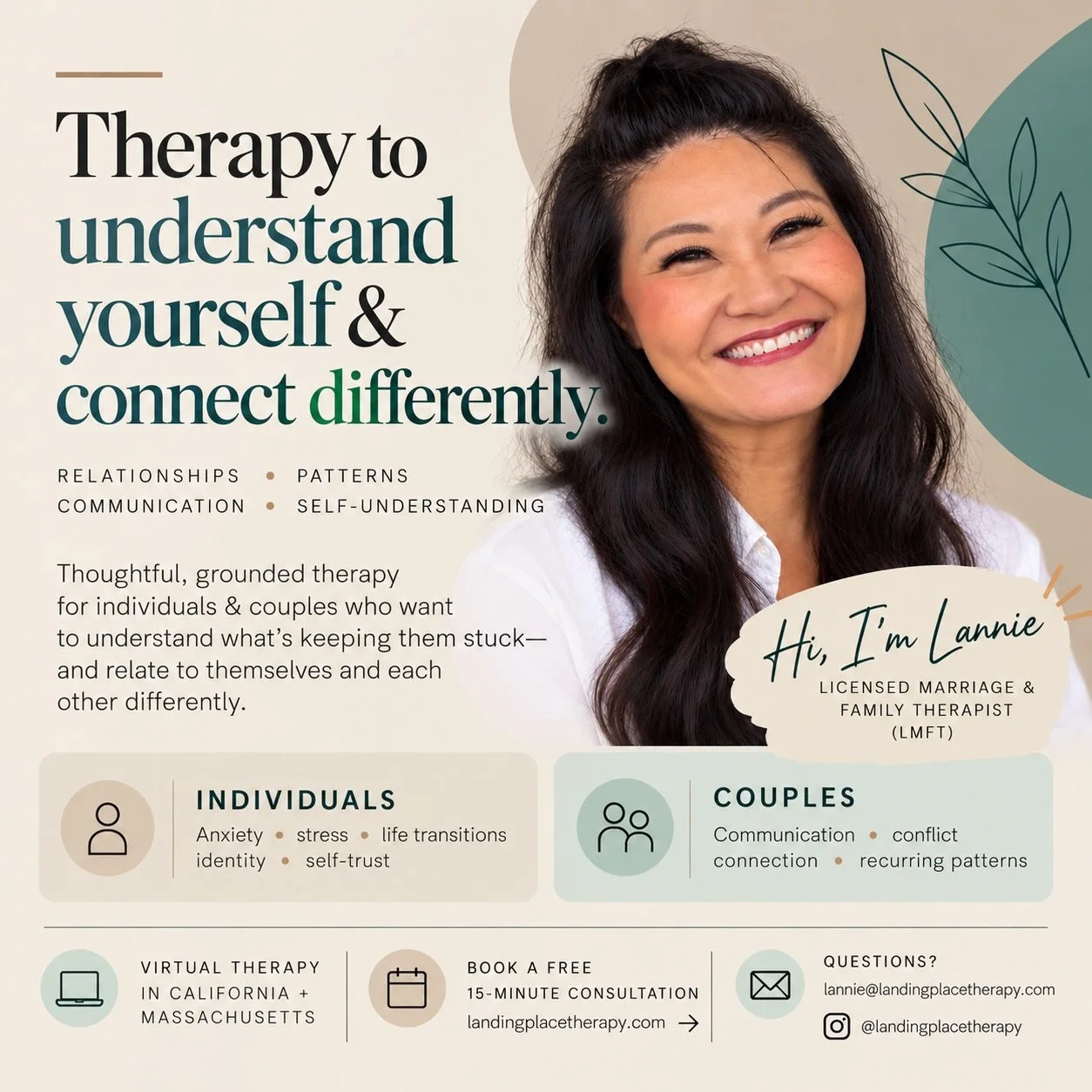 A little more about me! 👋🏼

I&rsquo;m Lannie&mdash;a therapist, mom, Korean American, East Coast transplant now living in Southern California, and someone who is almost always thinking about the next trip I want to take. 😅

Outside of therapy, you