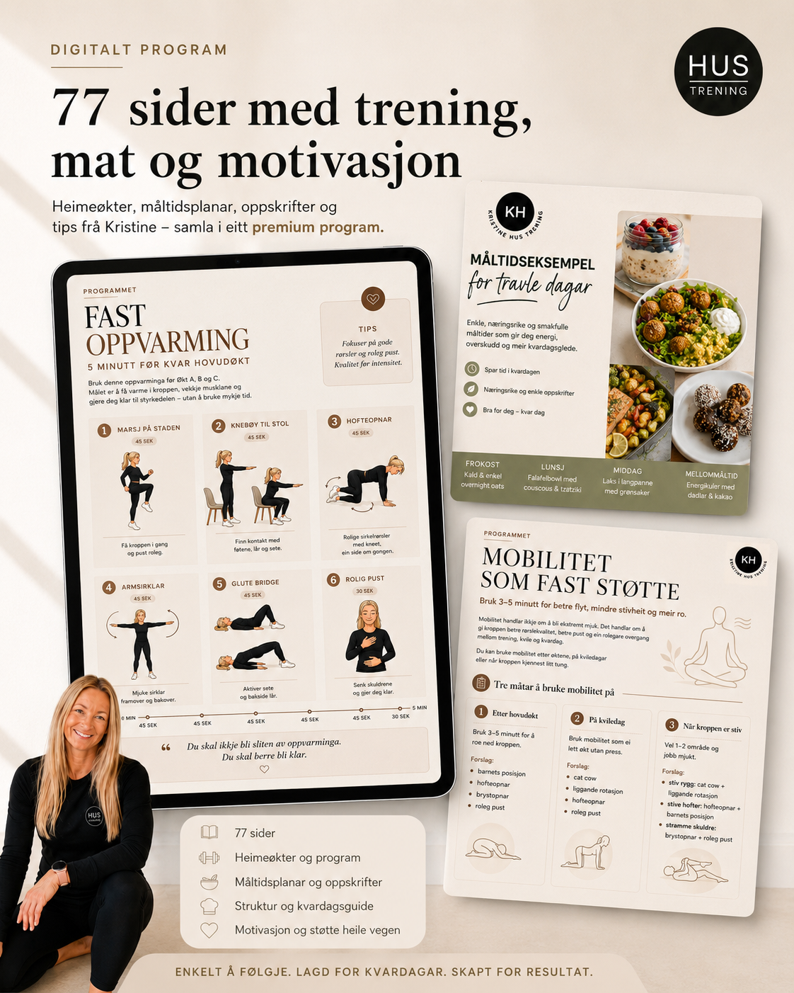 Oversikt over 77 sider med trening, mat og motivasjon i Sterk Heime-programmet