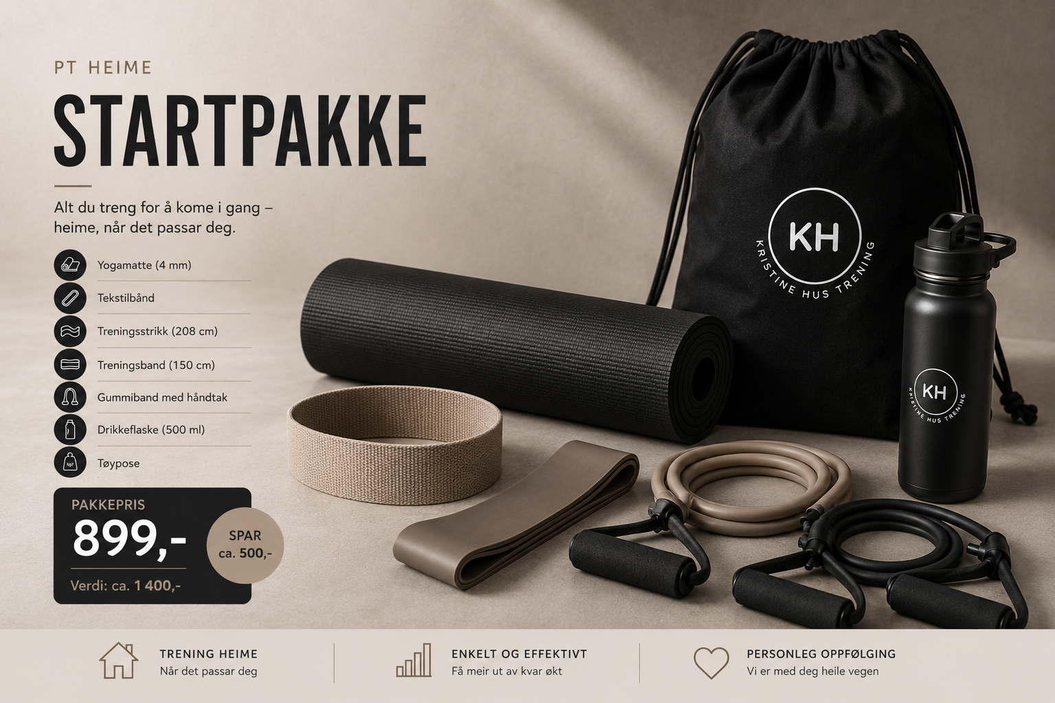 PT Heime treningspakke med yogamatte, treningsbånd, drikkeflaske og treningspose