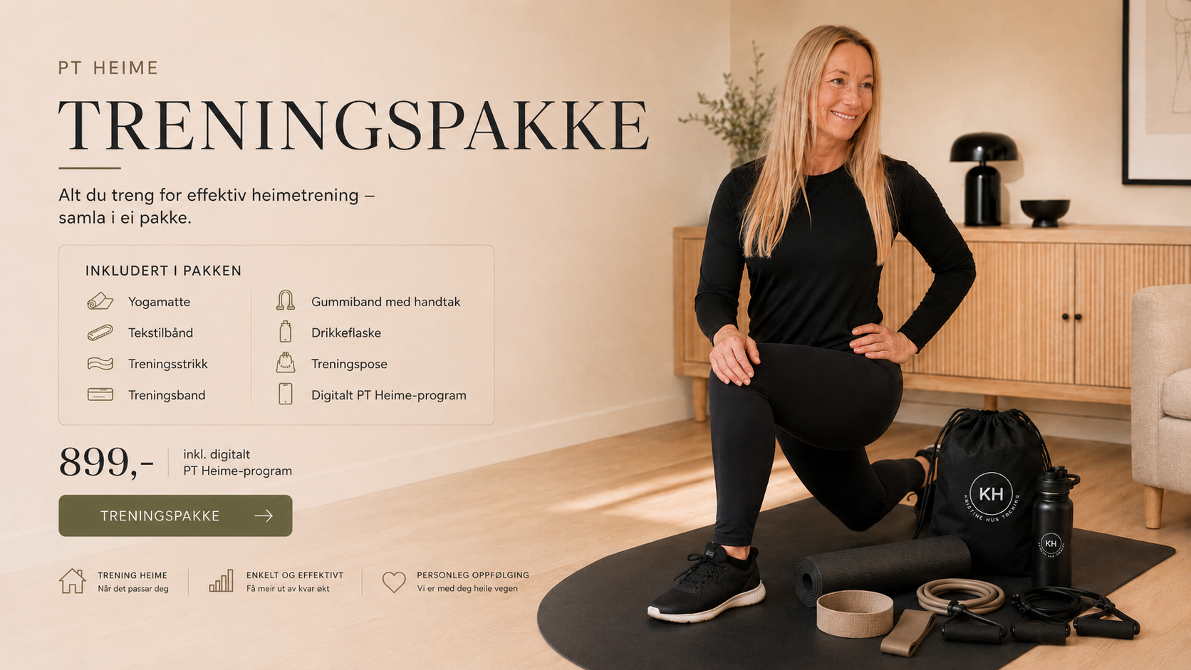 PT Heime treningspakke med Kristine Hus og treningsutstyr