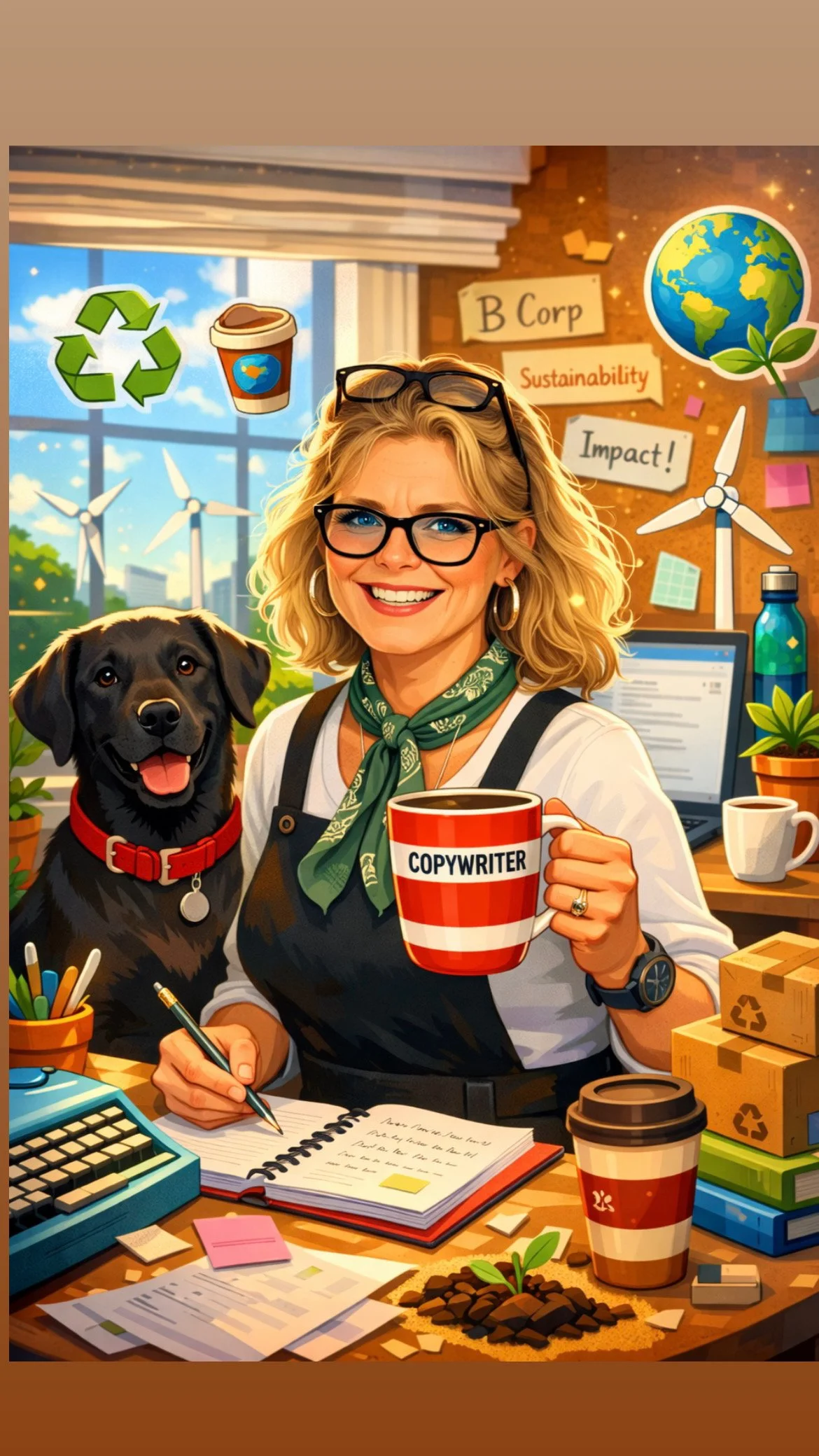 An AI generated cartoon of copywriter Vicks Ward with the B-corp logo