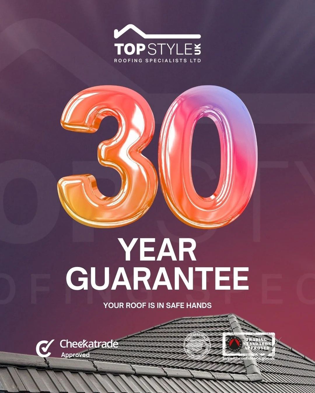 A New Roof Thats Guaranteed to Last &ndash; 30 Years Guarantee

Benefit from 30 years for workmanship and materials, plus a 10 years insurance backed guarantee from the Confederation of Roofing Contractors. 

No only do you get a premium roofing syst