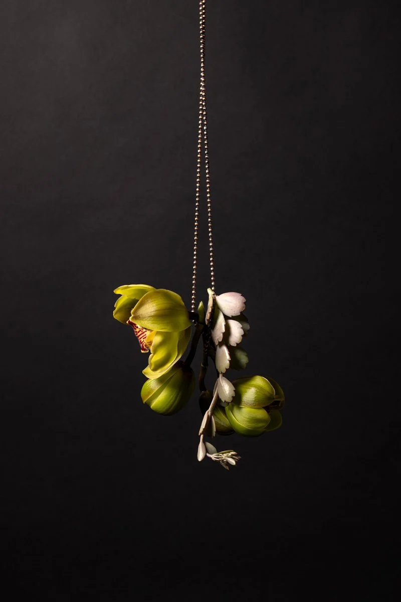 Bespoke commercial set design displaying a vertical strand of fragile white orchid blossoms, by Bakkes Images.