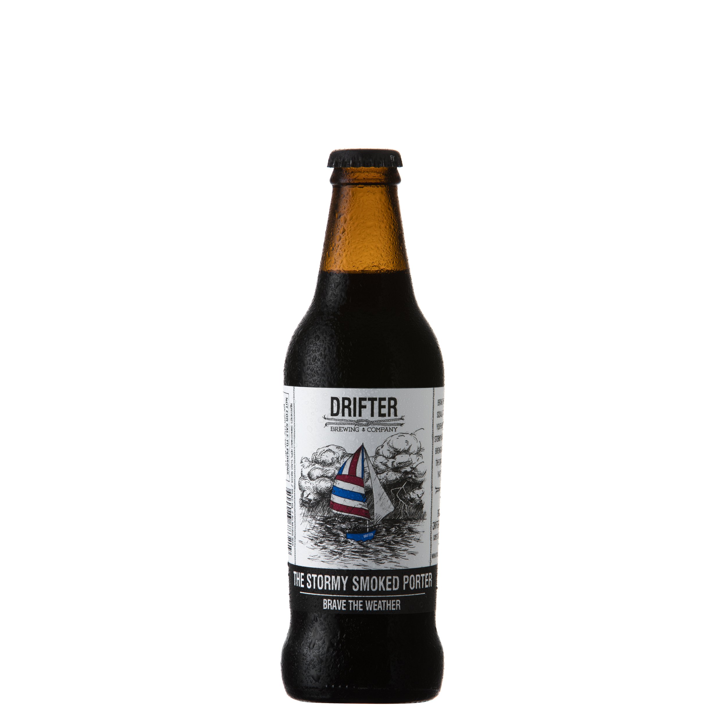 Spritzed beer stout bottle product pack shot on white background of Drifter Brewing Company by Bakkes Images, Stellenbosch.