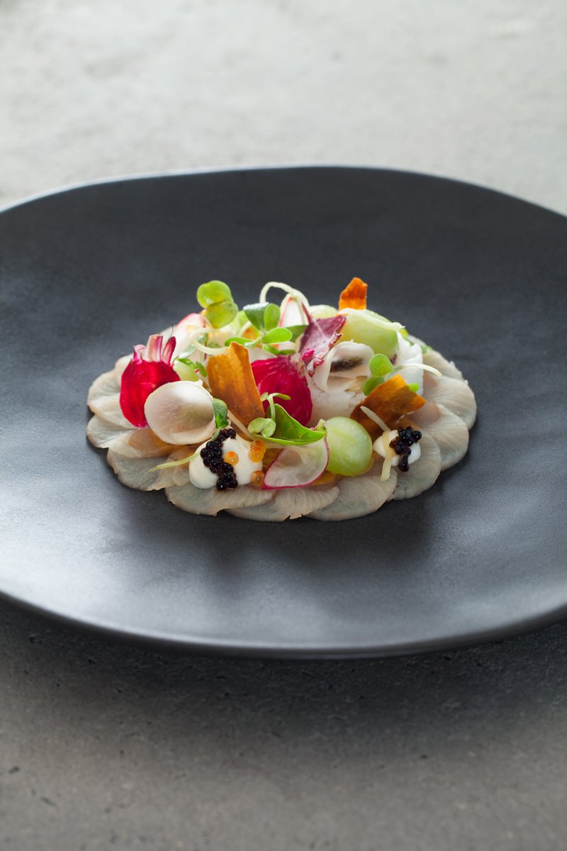 High-angle culinary shot of an intricate garden salad starter on a matte black designer plate, by Bakkes Images.