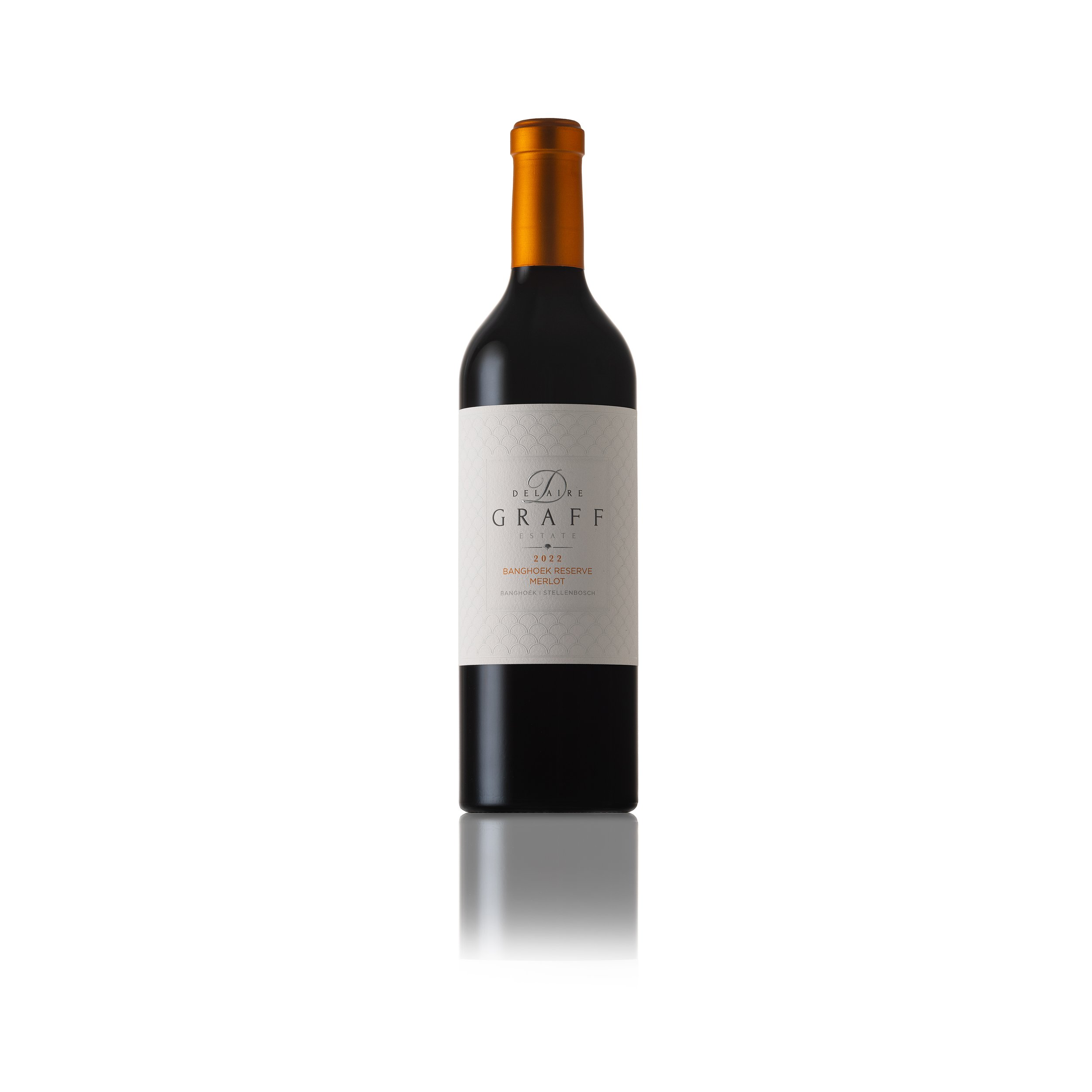 A wine bottle product pack shot on white background of Delaire Graff Estate Merlot by Bakkes Images, Stellenbosch.