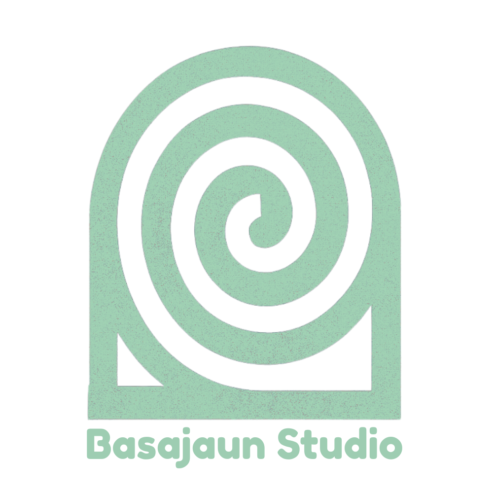 A logo for Basajaun Studio featuring a stylized spiral within a rounded rectangle background with the studio name below.