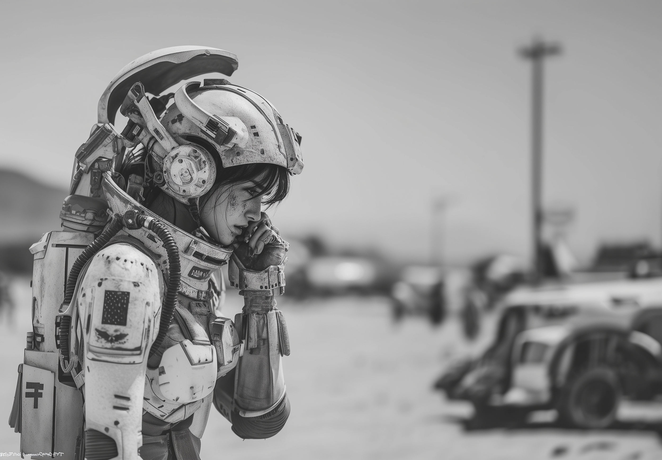 A female astronaut in a spacesuit, with a helmet and gloves, appears to be contemplative, touching her face with her hand. In the background, there are blurred figures and vehicles, suggesting a desert or off-world environment.