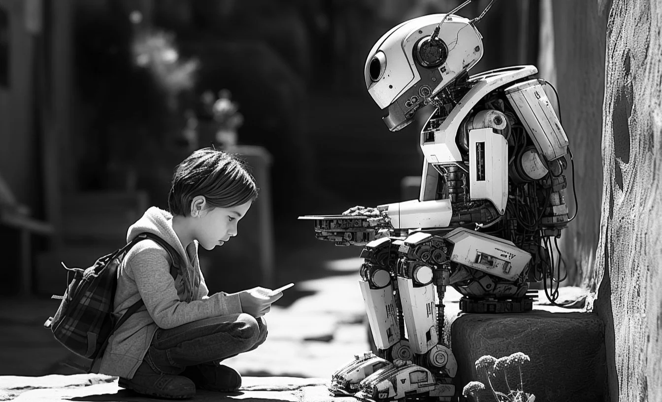A Robot helps a child doing his homework