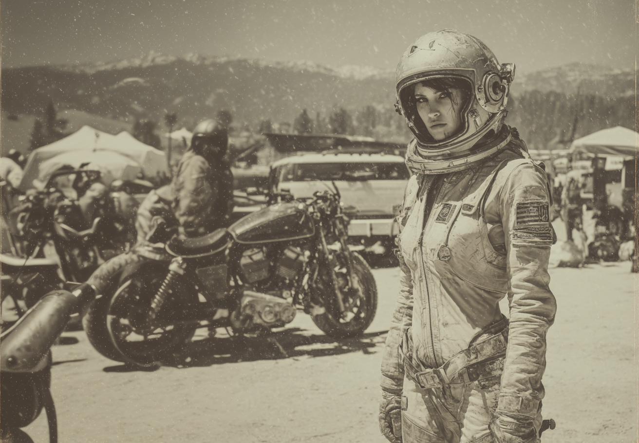 A woman in a space suit and helmet standing in front of motorcycles outdoors, with tents and mountains in the background
