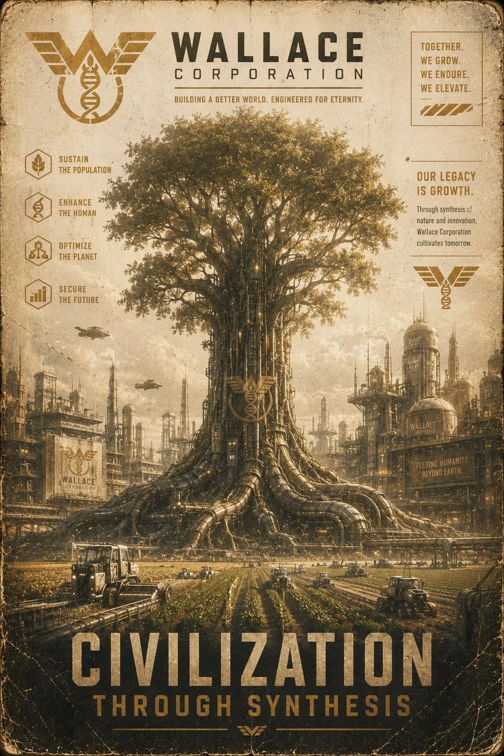 A weathered Corporation biotech propaganda poster featuring a massive engineered tree fused with pipes, machinery, agriculture systems, and industrial infrastructure.