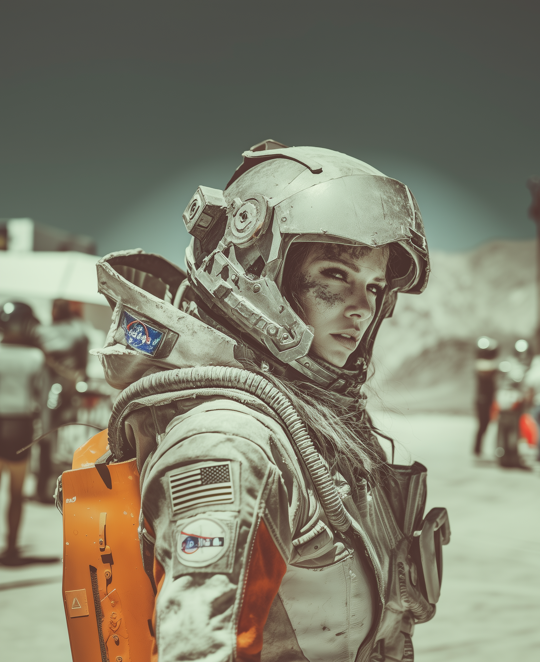 Close-up of a female astronaut in a spacesuit and helmet, standing outdoors with a serious expression and dusty face, background showing other people and equipment.