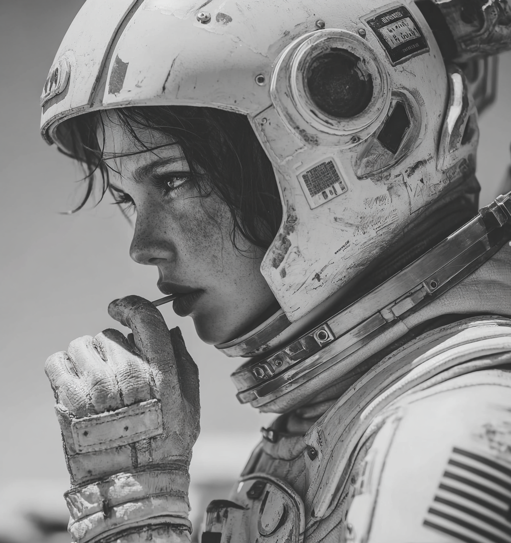 A female astronaut in a space helmet and suit, holding a pen or stylus to her lips, with a focused or contemplative expression.