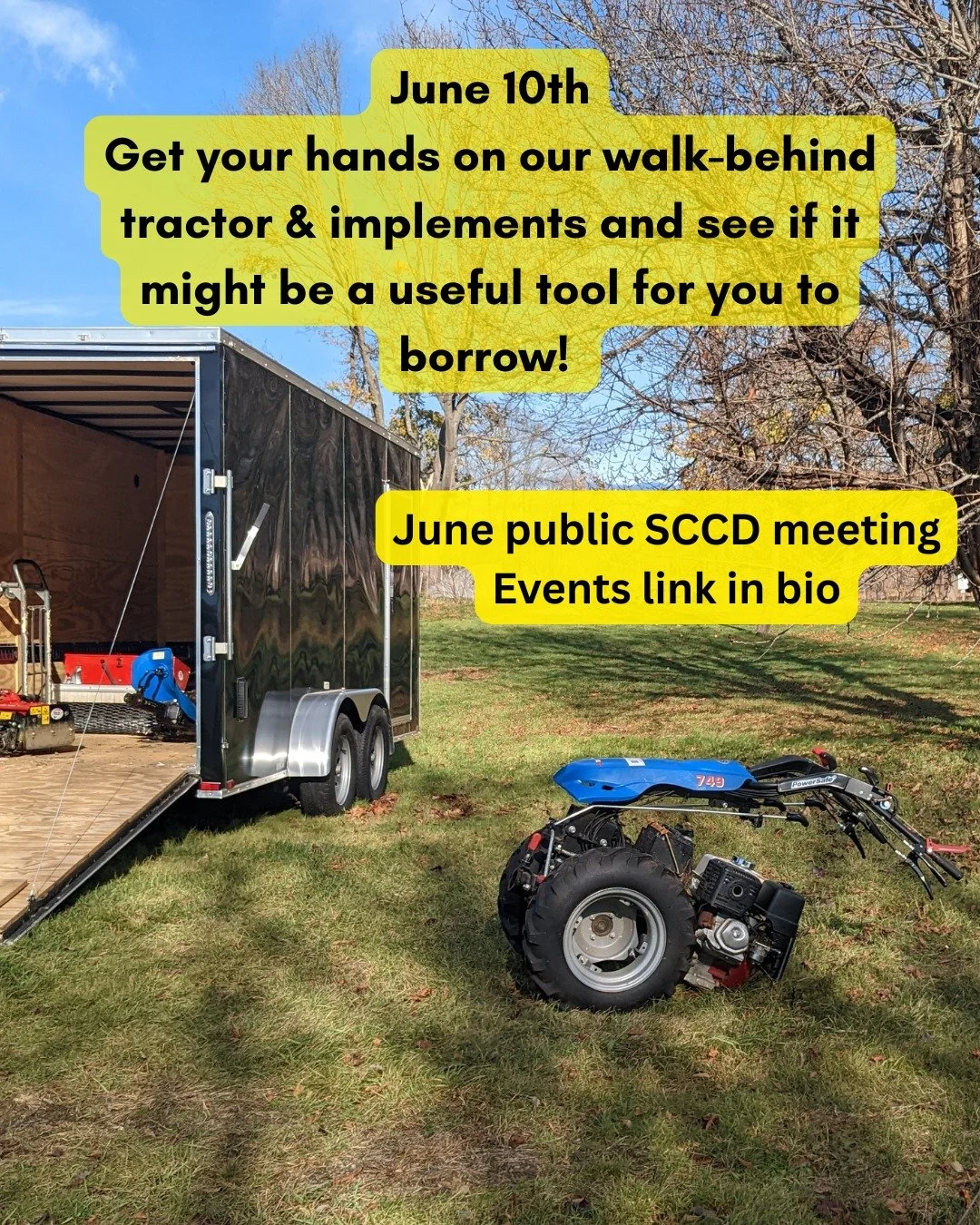 Events link in bio
Our June public board meeting will be focused on our equipment rental program. 9-10am: Business meeting
10-11am: See and demo the walk-behind tractor and discuss our other pieces of equipment with us.