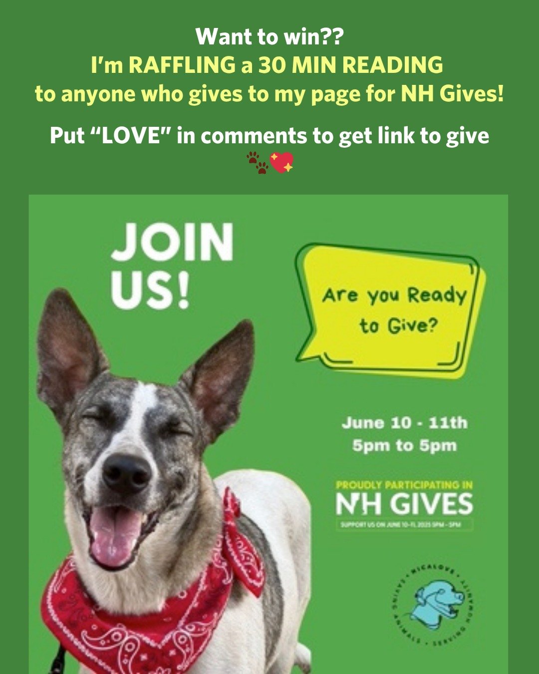 Want to win a reading? Help me by giving at least $10 to @nicalove14 during NH GIVES.

💖 Put - LOVE - in comments and I'll send you the link to give...and I'll add your name to the raffle list to win a 30 min reading with me! 

Link also in my bio a