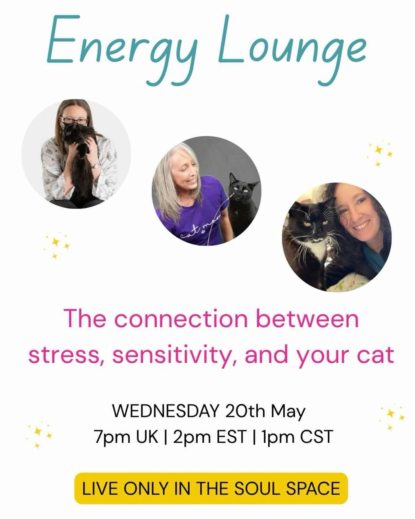 Get @reshare_app &bull; @naturallycats ✨ Something special is happening inside The Soul Space&hellip; ✨

I&rsquo;ll be going live for The Energy Lounge with the wonderful Pam Mills (previously Roussell) and the ameowzing host - Julie-Anne Heart next 