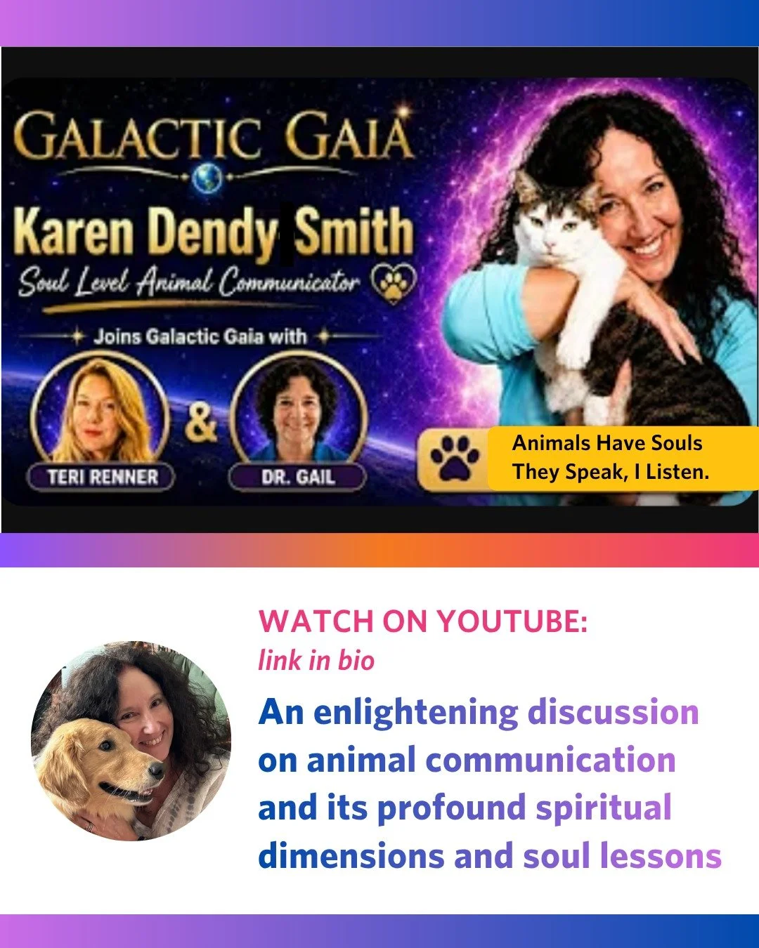 WATCH ON YOUTUBE!
⬆️ Link in my bio

💖🐾 Watch until the end where I do live mini-readings for the audience!

Join me with Dr. Gail McLeod and Teri Renner for an enlightening discussion on animal communication and its profound spiritual dimensions, 