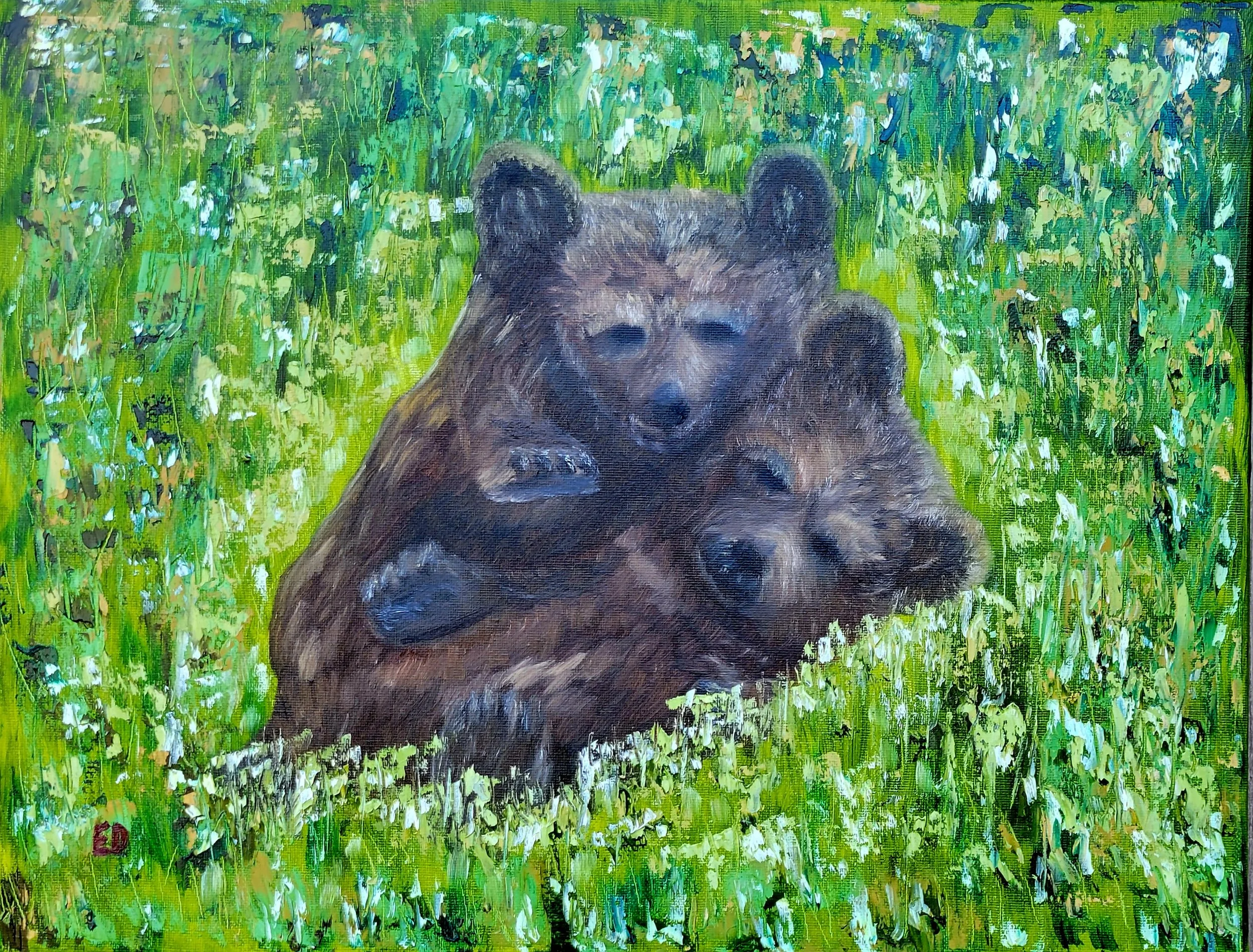 Rough & Tumble Bear Cubs 20x16 oil on canvas $500.
---
This art piece is available as an affordable canvas print from RDRY.store. Fade-resistant prints stretched on sturdy frames for vivid color and crisp detail. Multiple sizes, gallery-wrapped edges