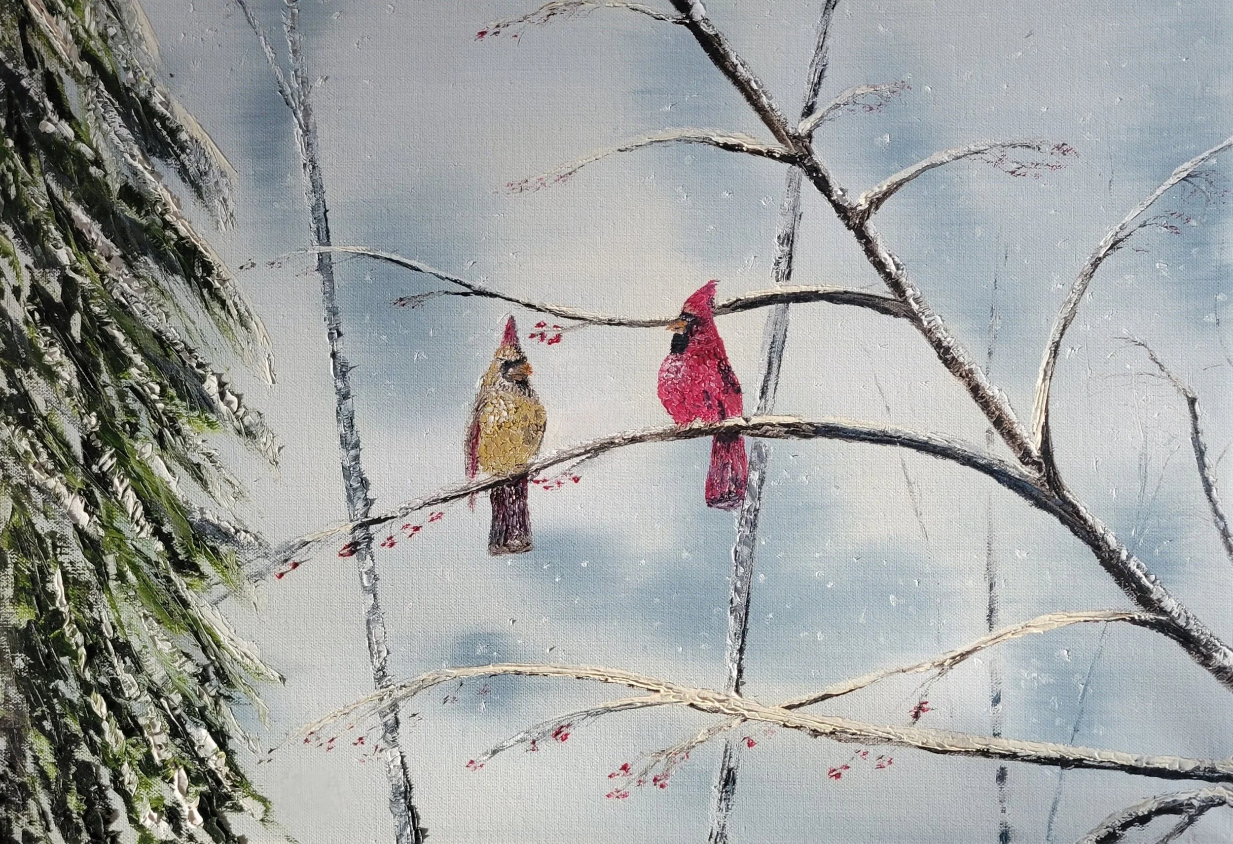 Winter Cardinals 24x18 oil on canvas NFS
---
This art piece is available as an affordable canvas print from RDRY.store. Fade-resistant prints stretched on sturdy frames for vivid color and crisp detail. Multiple sizes, gallery-wrapped edges, and easy