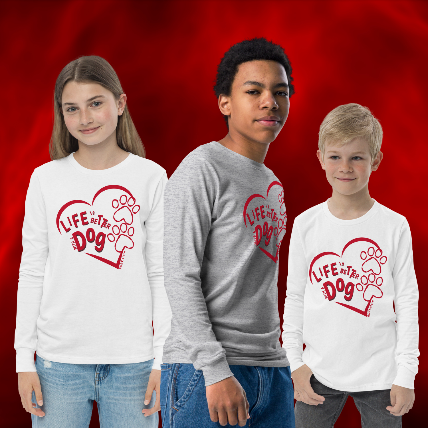 RDRY "LiFE is BETTER WiTH A Dog" Red Heart Youth Long Sleeve T-shirt