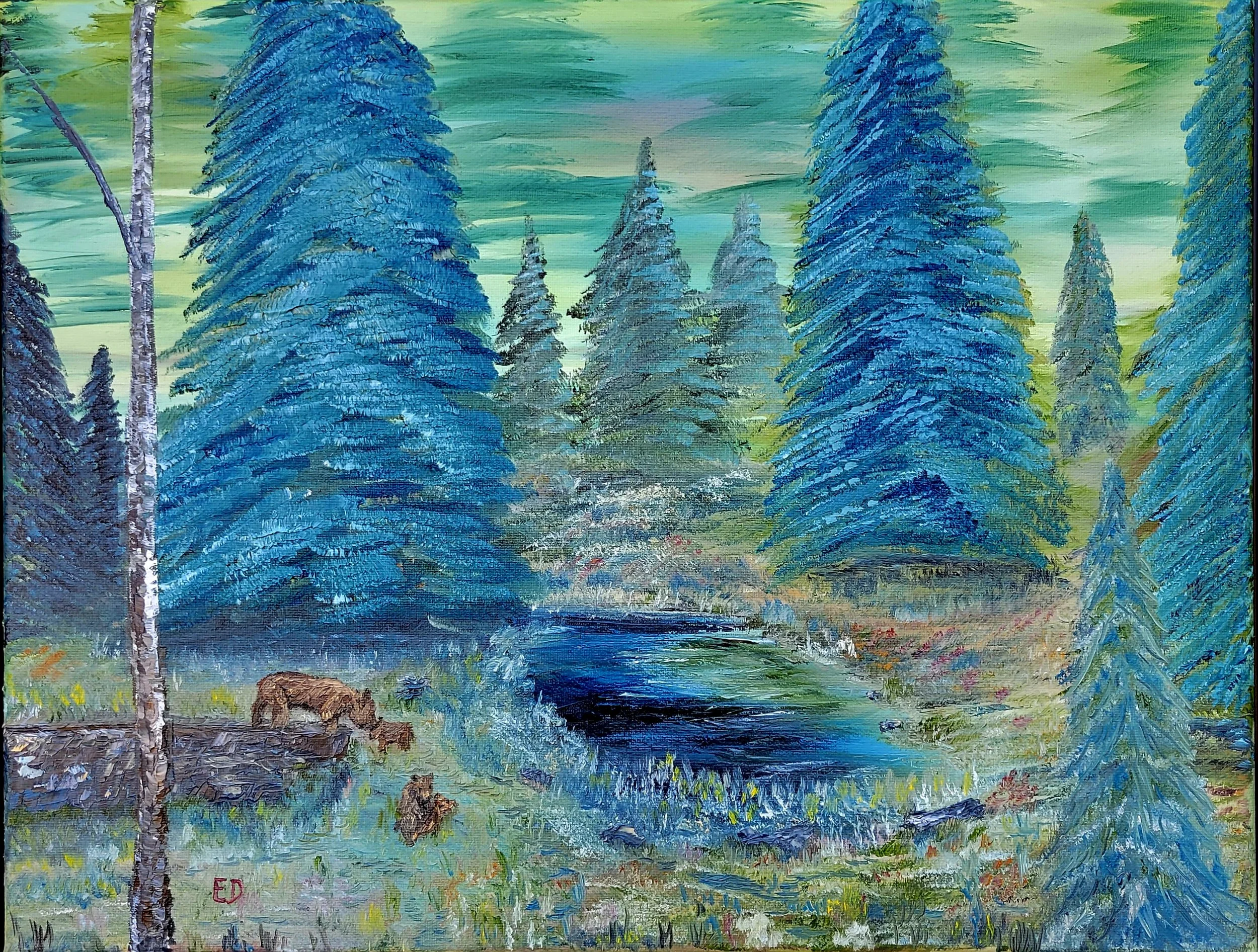 Mama Bear with Cubs 20x16 oil on canvas $400.
---
This art piece is available as an affordable canvas print from RDRY.store. Fade-resistant prints stretched on sturdy frames for vivid color and crisp detail. Multiple sizes, gallery-wrapped edges, and