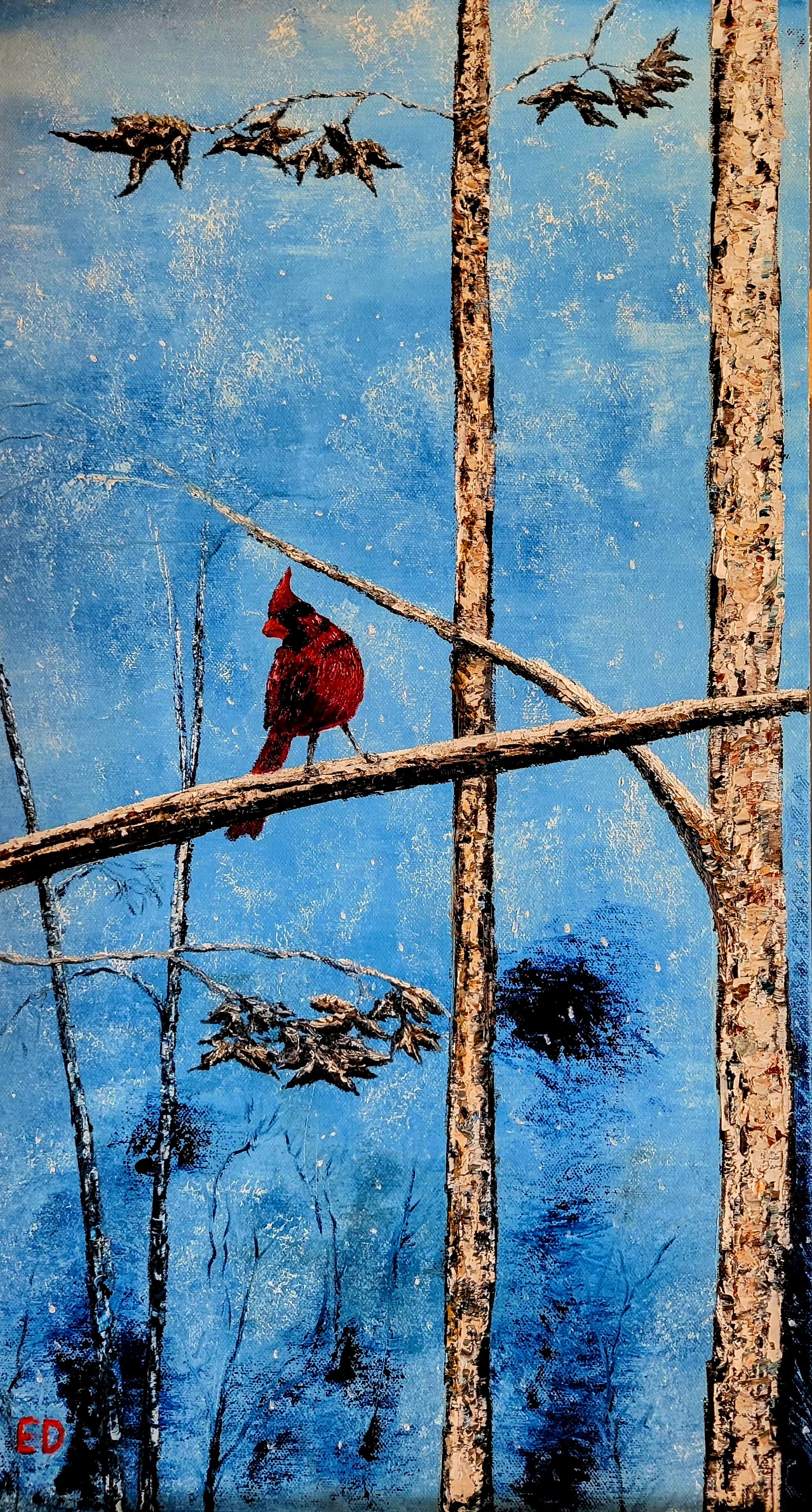 Blue Cardinal 12x24 oil on canvas $500.
---
This art piece is available as an affordable canvas print from RDRY.store. Fade-resistant prints stretched on sturdy frames for vivid color and crisp detail. Multiple sizes, gallery-wrapped edges, and easy-