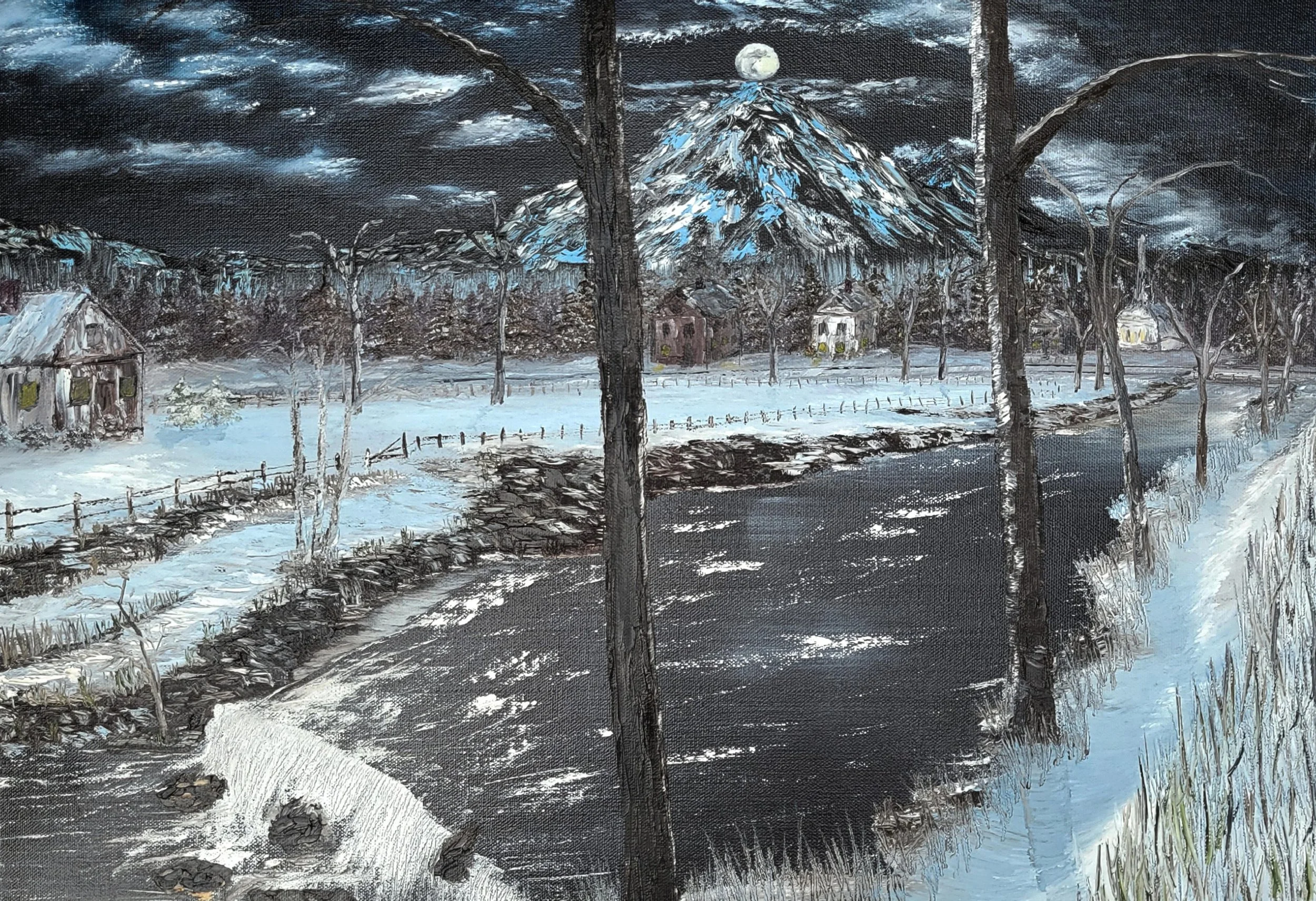 Wintry Brook 24x28 oil on canvas $600.
---
This art piece is available as an affordable canvas print from RDRY.store. Fade-resistant prints stretched on sturdy frames for vivid color and crisp detail. Multiple sizes, gallery-wrapped edges, and easy-h