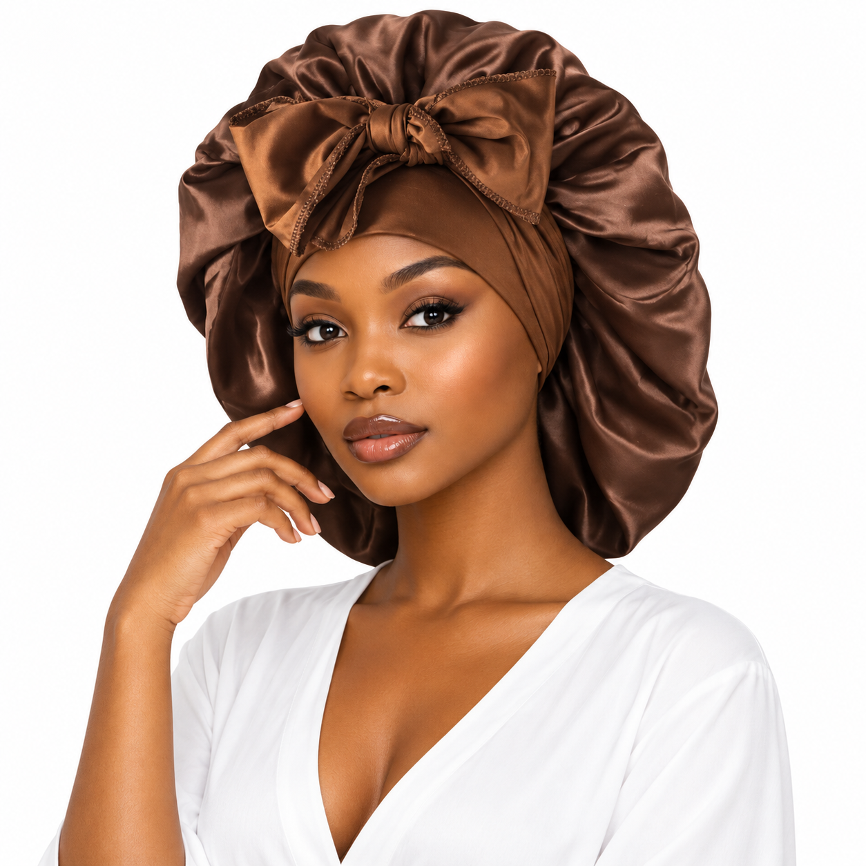 COILUXE Extra-Large Satin Tie Bonnet – Coffee