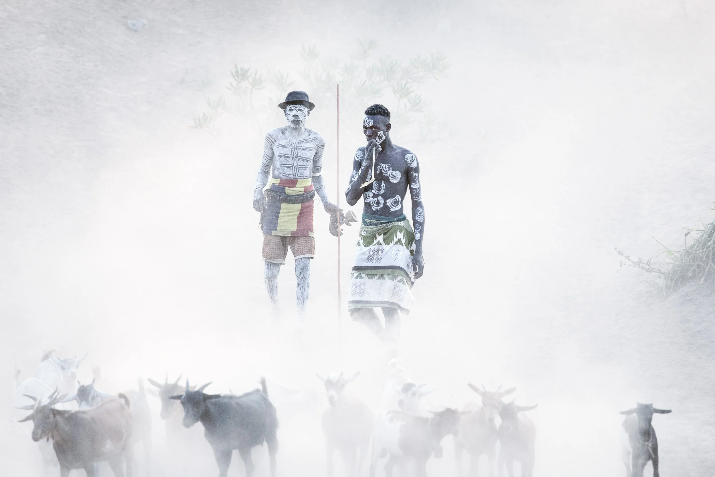 Karo herders with goats in dust, Ethiopia