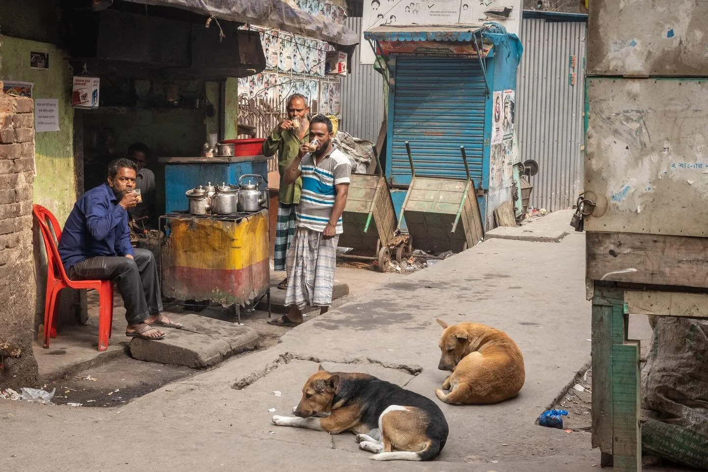 As an avid tea drinker, the chai stalls in Dhaka always caught my eye. However, what I noticed first here was not the tea stall, but the dogs lying at ease in the middle of the lane as the men gathered for their early morning chai. 

#dhaka #banglade