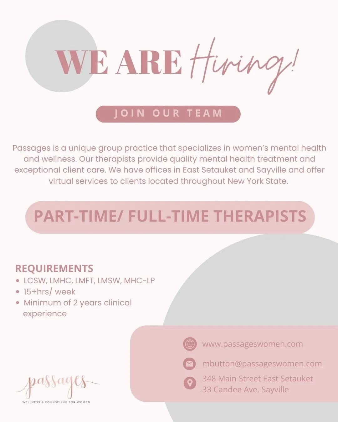 ✨ Join Our Team!!!💗✨

Passages is growing and looking for a compassionate, licensed clinician to join our women-centered group practice in East Setauket &amp; Sayville, NY! If you're an LCSW, LMHC, LMFT, LMSW, or MHC-LP who values meaningful work, s