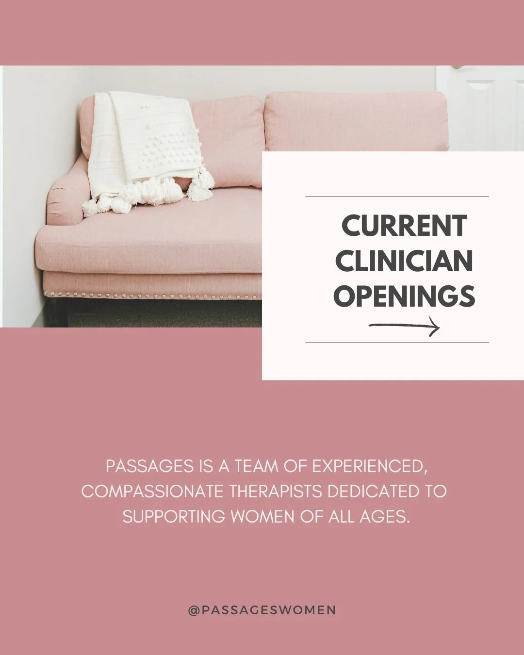 ✨ Immediate Therapy Openings Available! ✨

The New Year is a powerful time to prioritize your mental health&mdash;and you don't have to wait to get started. Passages currently has immediate openings for therapy with compassionate, licensed clinicians