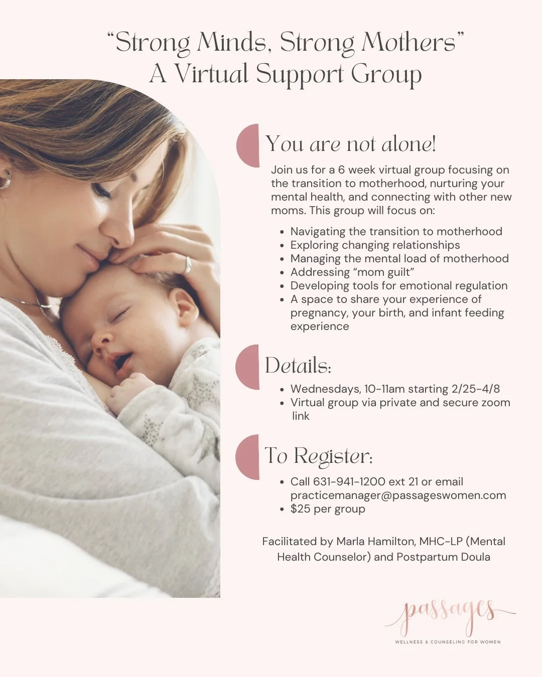 "Strong Minds, Strong Mothers"💖
A Virtual Postpartum Support Group for Moms

Postpartum can be beautiful&hellip; and also overwhelming, emotional, isolating, and exhausting. If you've been feeling "not like yourself," you are so 