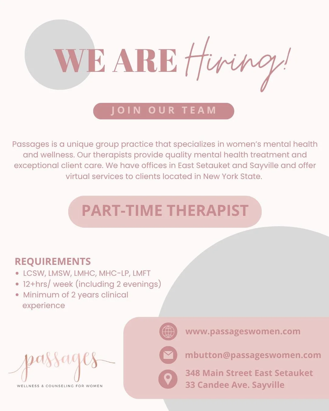 ✨ Join Our Team!✨

Passages is a women-centered practice built with intention&mdash;where the work goes deeper, the conversations are real, and both clients and clinicians are truly supported.

📢 We're looking for a part-time therapist who is passio