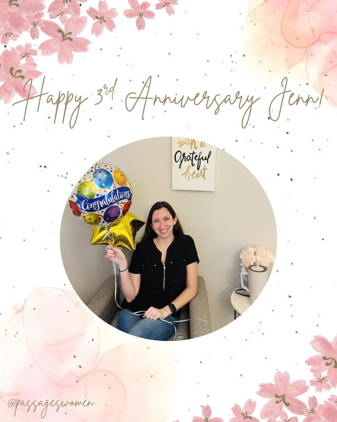 🎉 Celebrating 3 Years with Jennifer Tietjen, LCSW

Today, we're excited to celebrate Jenn's 3rd anniversary at Passages!💗

For the past three years, Jennifer has brought compassion, insight, and support to the women, couples, and families she works