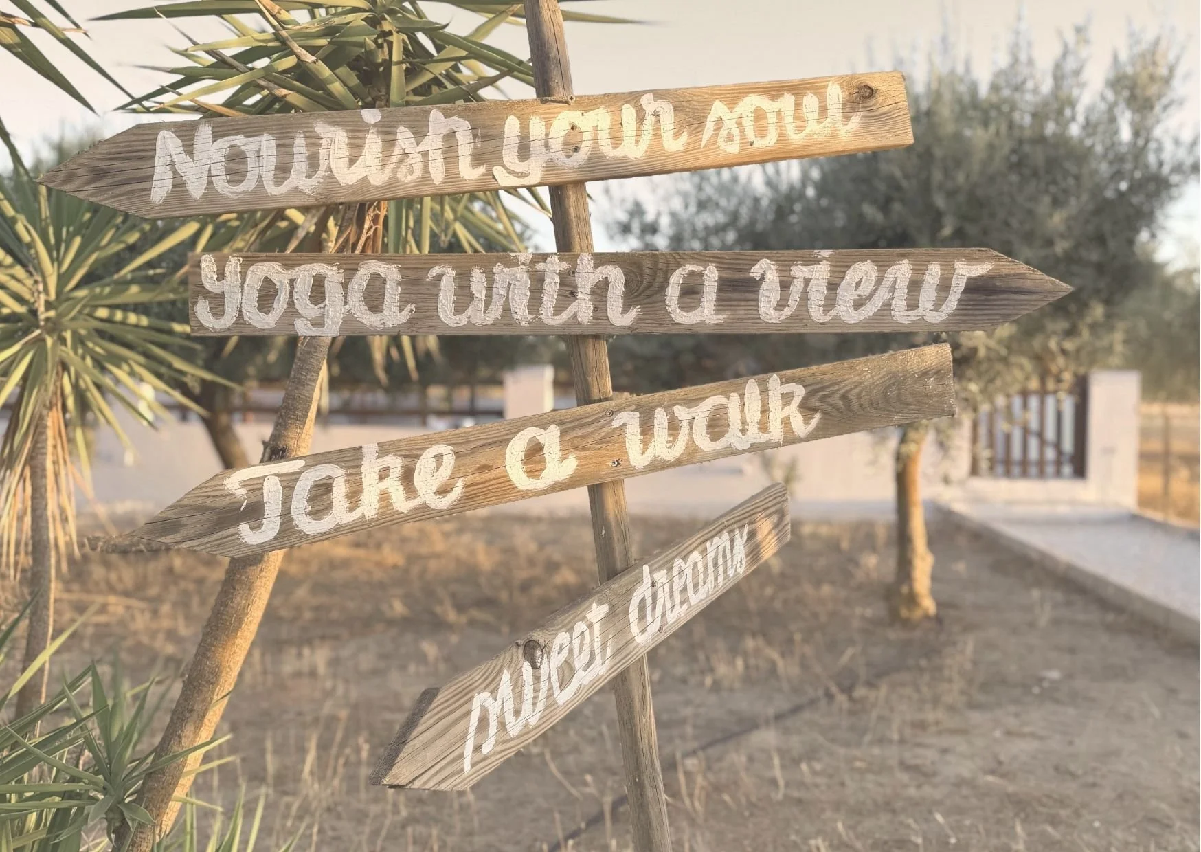 Rustic wooden signs for yoga, walking and relaxation in the natural surroundings of our boutique hotel in Andalusia.