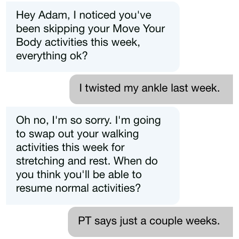 A screenshot of a text message conversation about physical activity and injuries.