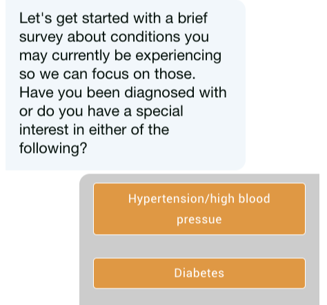 Screenshot of a mobile health survey asking about current conditions, with options for hypertension/high blood pressure and diabetes.
