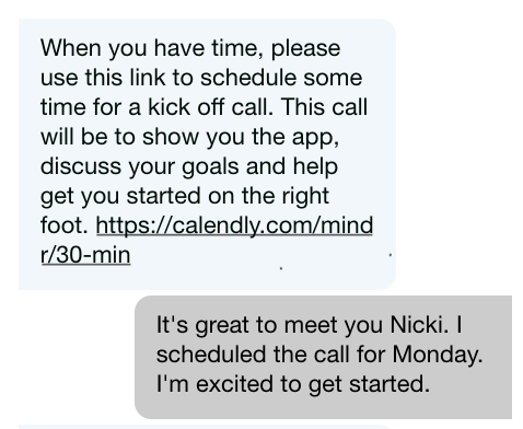 Text conversation on a messaging app with a scheduled call link and a message indicating the call is scheduled for Monday