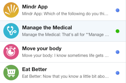 A list of four items with icons and descriptions: 1. Mindr App with a gold icon, asking which of the following you do. 2. Manage the Medical with a blue icon, saying manage the medical. 3. Move your body with a pink icon, about moving your body. 4. Eat Better with a green icon, encouraging eating better.