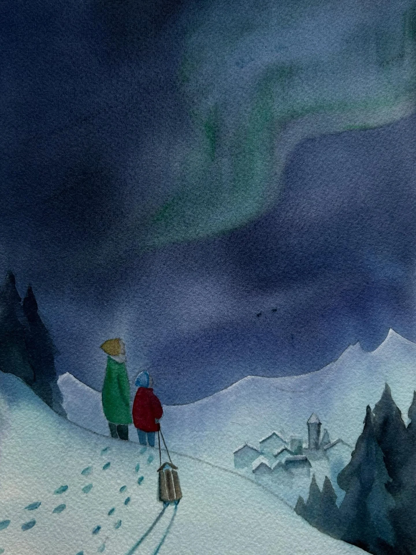 New painting! I&rsquo;ve never actually seen the northern lights, despite living pretty far north my whole life. Once my partner saw an awesome display from our house and failed to wake me up. So still on my bucket list. #aurora #northernlights #wint