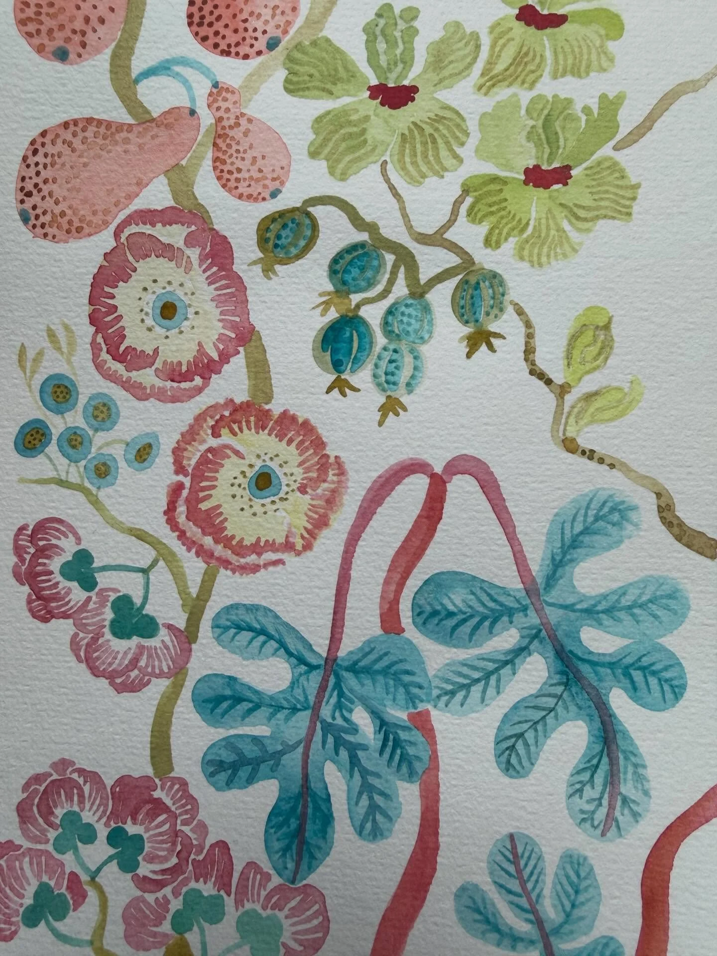 Josef Frank inspired watercolor doodles. I&rsquo;m enjoying all the dots and squiggles. #jehanesgoldenthread2026 #jehanesgoldenthreadhawai #joseffrank