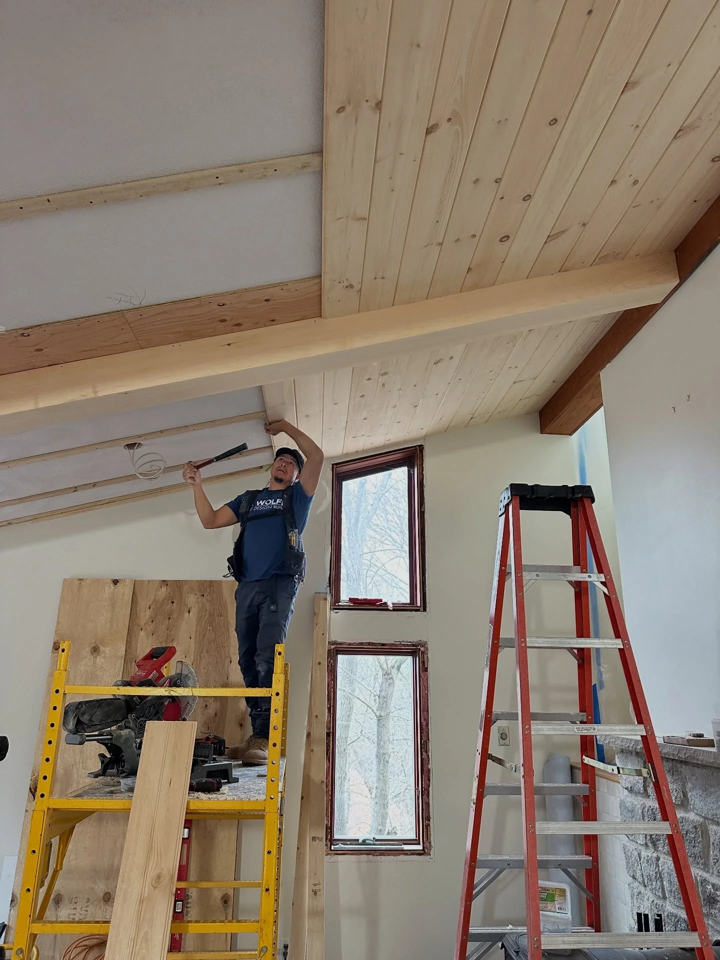 We&rsquo;re loving the progress on this v-groove clear pine ceiling! Once stained, it will complete the mid-century modern aesthetic beautifully. The ceiling was once simple plaster, and now it&rsquo;s becoming a standout design feature. We can&rsquo