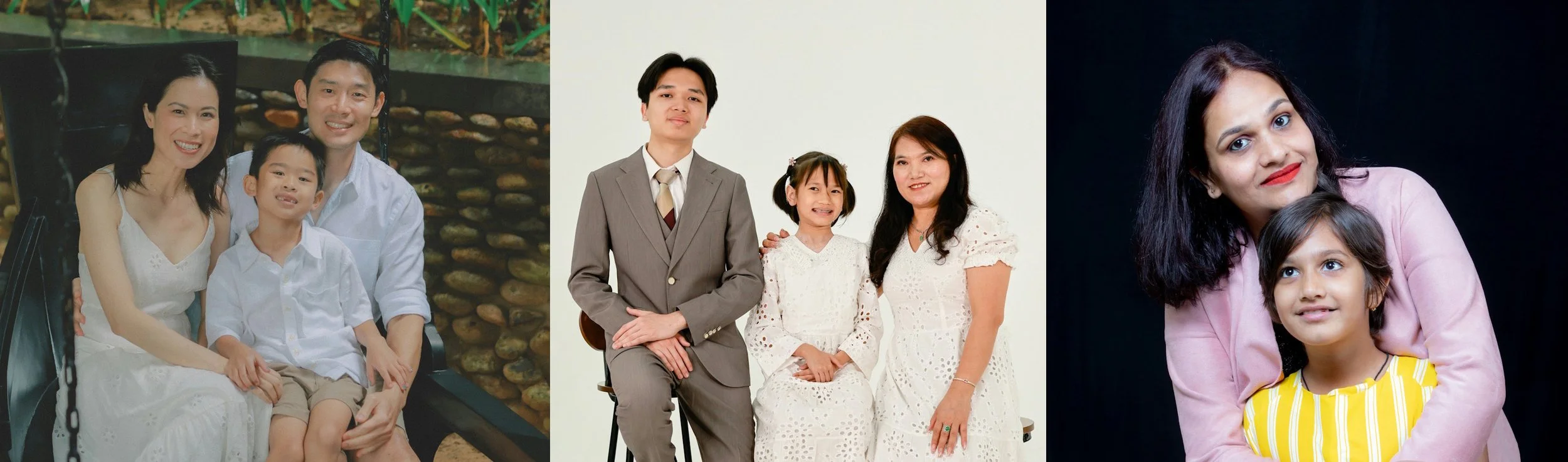 Portraits of three families who are very proud of their children.
