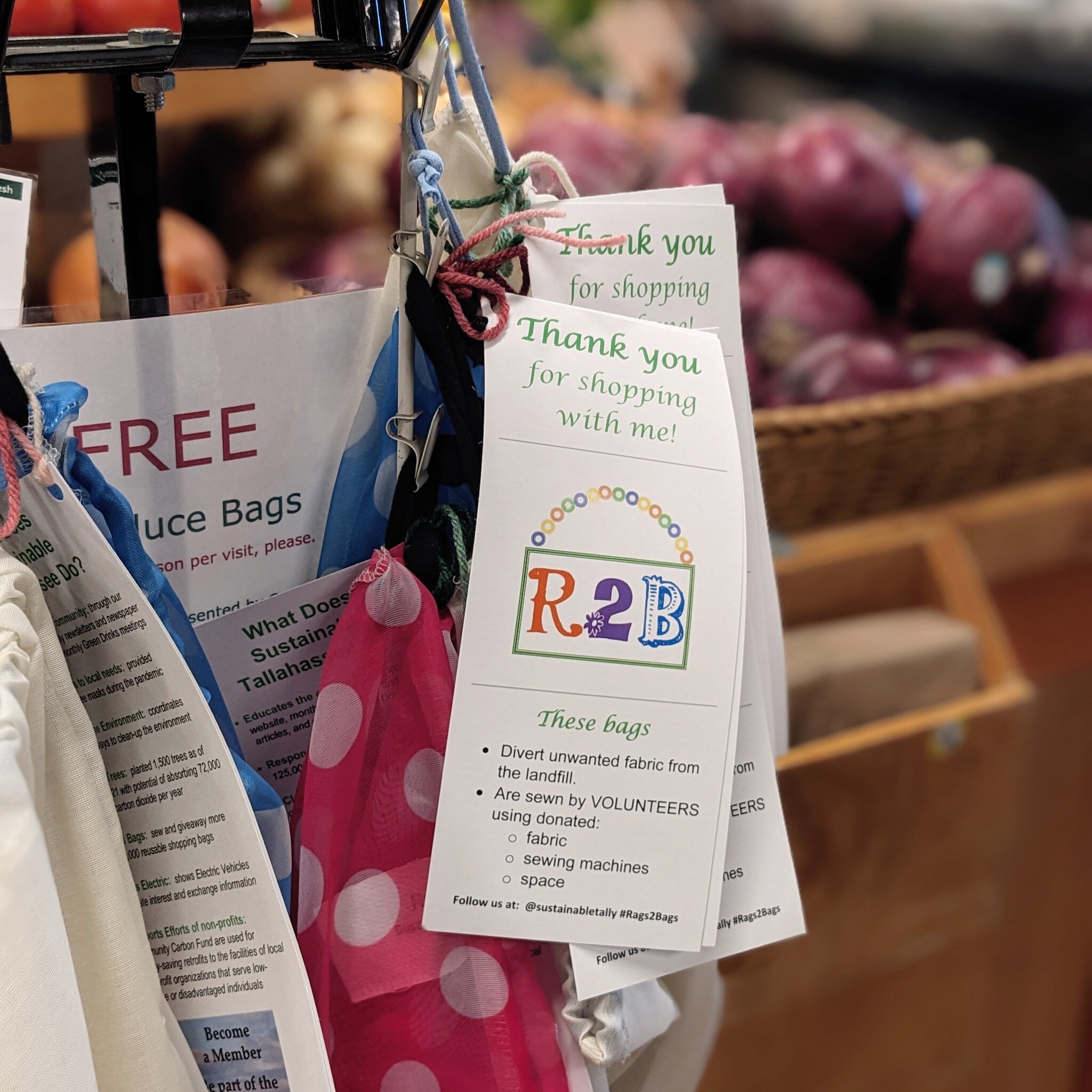 Look for these adorable, one of a kind, hand sewn from curtains, reusable bags in store now! Extra special thanks to Rags 2 Bags for making and donating these to our customers. Grab one free while they last &ndash; grocery and produce styles availabl