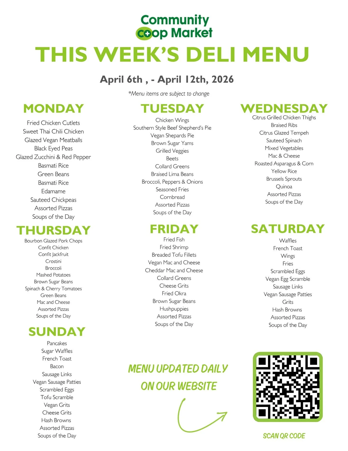This weeks menu